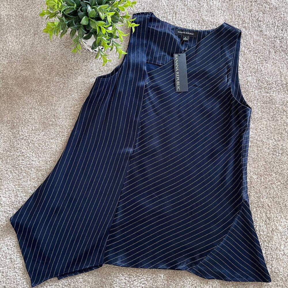 NWT Banana Republic Navy Blue Striped Draped Sleeveless Blouse Top Small